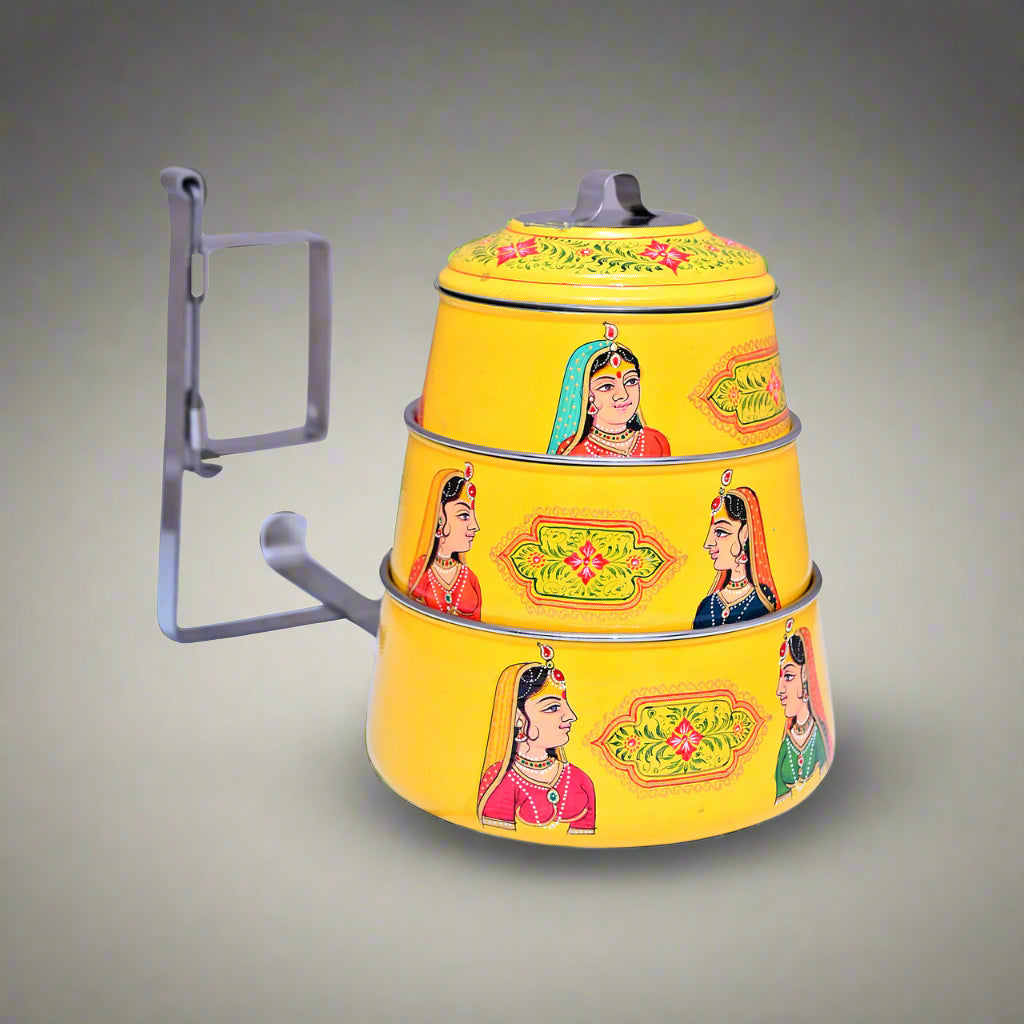Hand-Painted 3-Tier Stainless Steel Lunch Box – princess yellow Design Eco-Friendly & Artistic Food Carrier